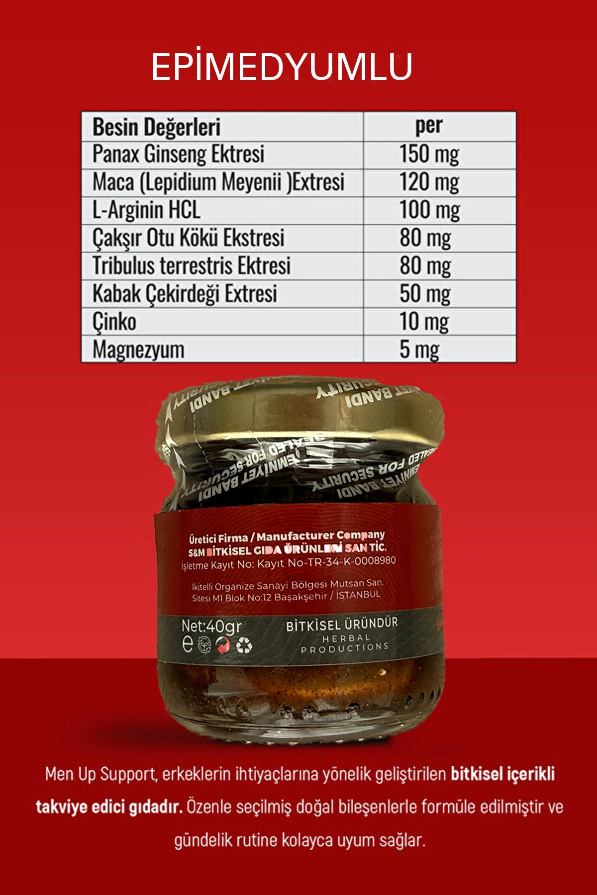 F1 Bitkisel Ginsengi Tribulus Terrestris Maca Ekstrat Içeren Takviye Edici Gıda 40 gr